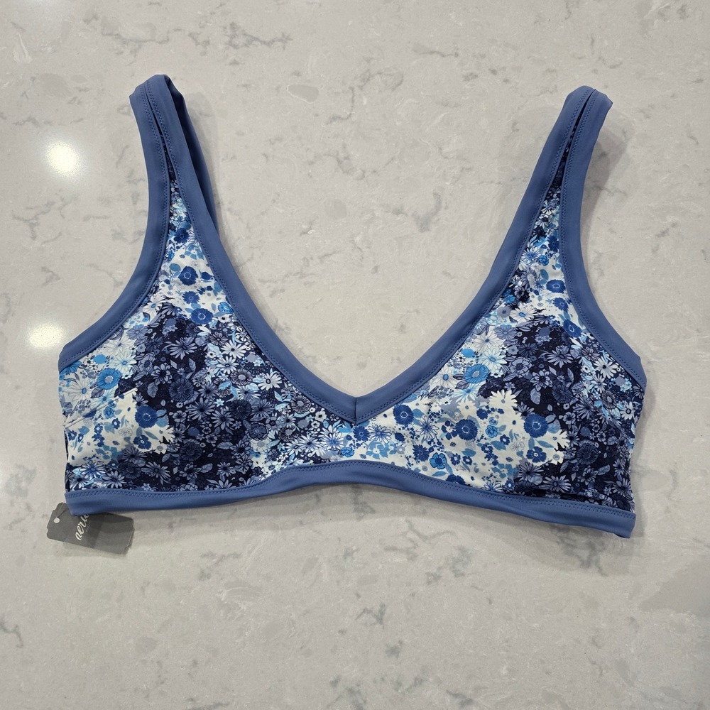 Aerie Women XL Blue Floral Scoop Neck Bikini Top Recycled Nylon Swimwear